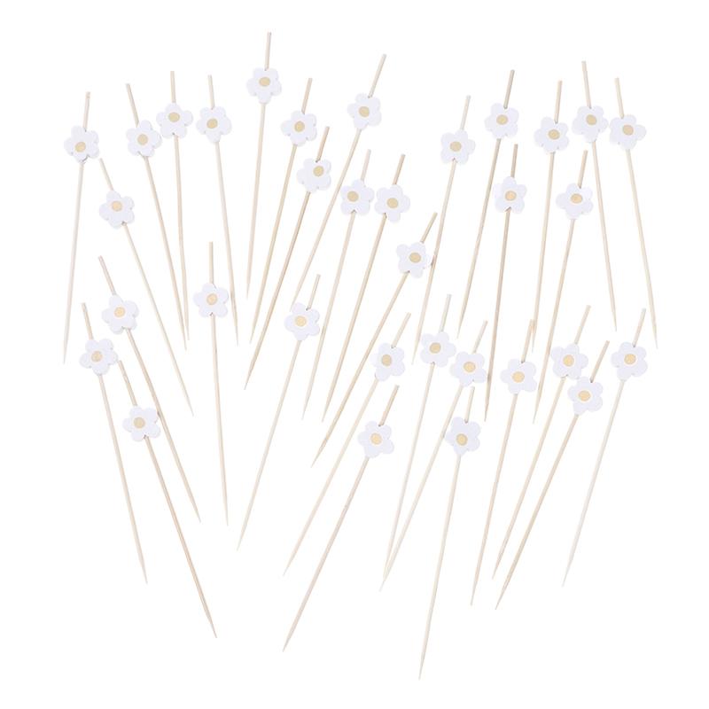 

100 шт. 12 см Милый цветок маргаритки Одноразовые бамбуковые шпажки для еды Десертный буфет Фруктовые вилки Для вечеринки по случаю дня рождения, свадьбы, детского душа белый