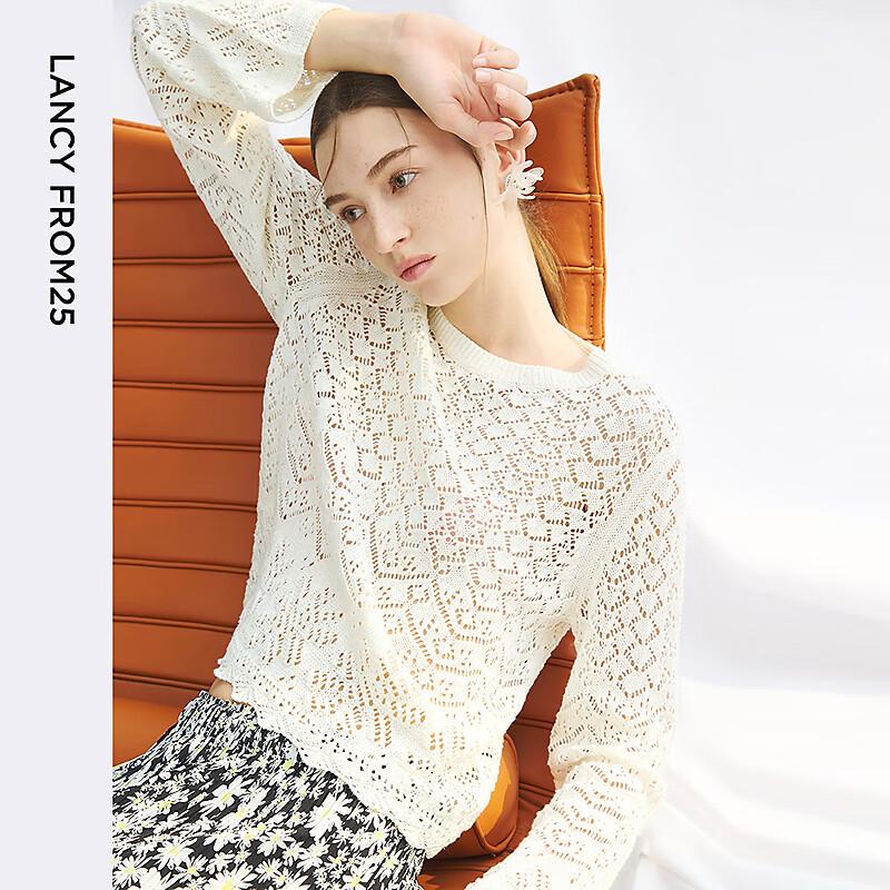 LANCY Women's Linen Hollow Knit Long Sleeve Blouse