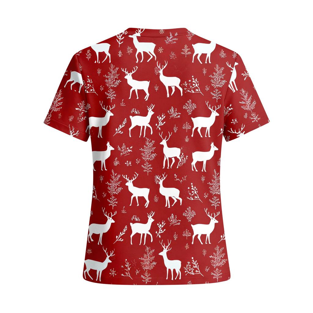 Damen Arbeitshemd mit V-Ausschnitt, kurzen Ärmeln, Taschen und Seitenschlitzen, Weihnachtsdruck