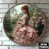 Vintage 2D Plane Round Wood Board Wall Art 8x8, Retro Woman Painting Metal Sign for Home Decor Kitchen Cafe Bar Living Room