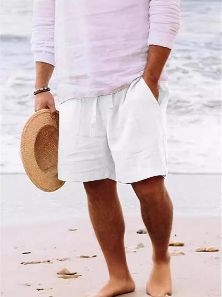 Men's Cotton Linen Summer Shorts - Drawstring Waist, Straight Leg, Breathable, Comfortable for Daily Wear or Beach Use