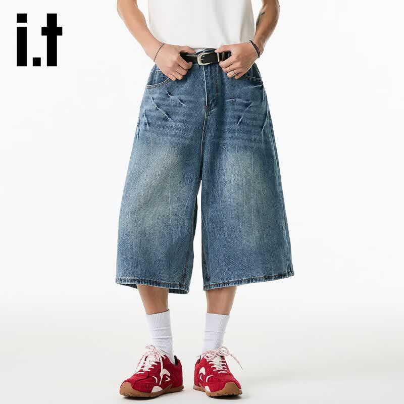 Izzueit Men's Distressed Loose Fit Denim Capri Shorts