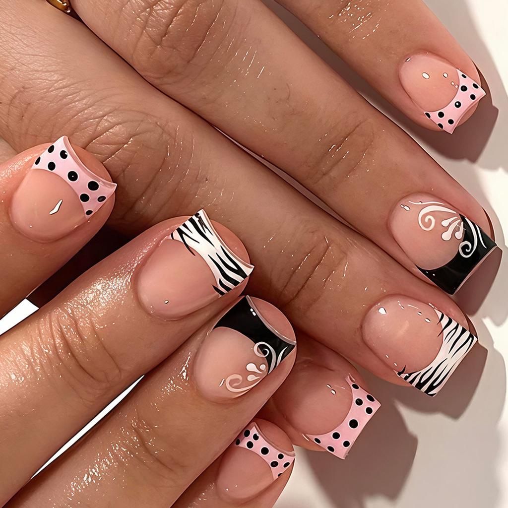 Easy To Wear False Nail Featuring Curved Dot Geometric Design In Pink Brown Tints For Everyday Charm