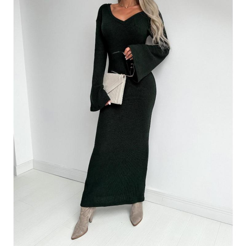 YYFS Women's Fashion Spring Fall Solid Color Print Long Sleeve V-Neck Middle Waistline Casual Dresses