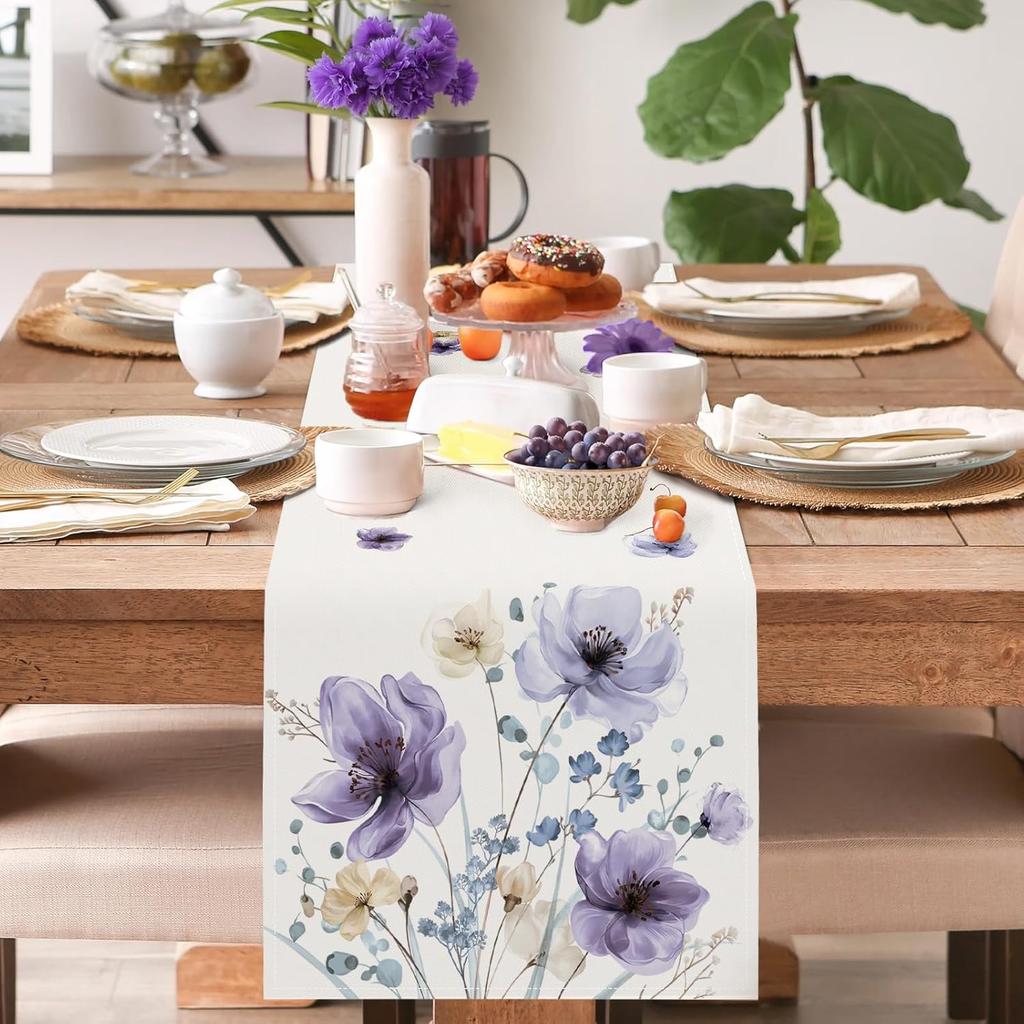 Bonhause Watercolor Floral Table Runner 13x72 Inch Lilac Purple Brown Flowers Seasonal Summer Kitchen Dinning Table Decoration for Indoor Outdoor