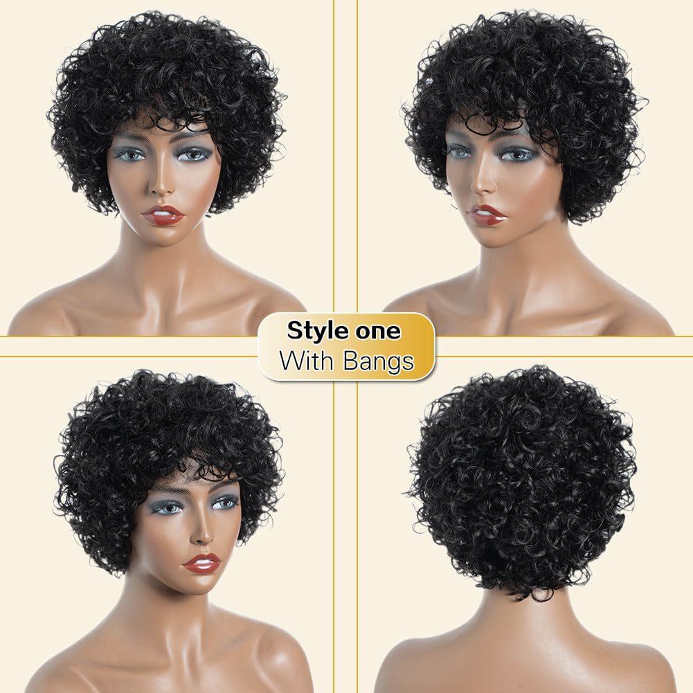 Women Synthetic Black Wigs With Bangs Short Curly Wigs for Daily Cosplay Natural Fluffy Hair Heat Resistant Fiber
