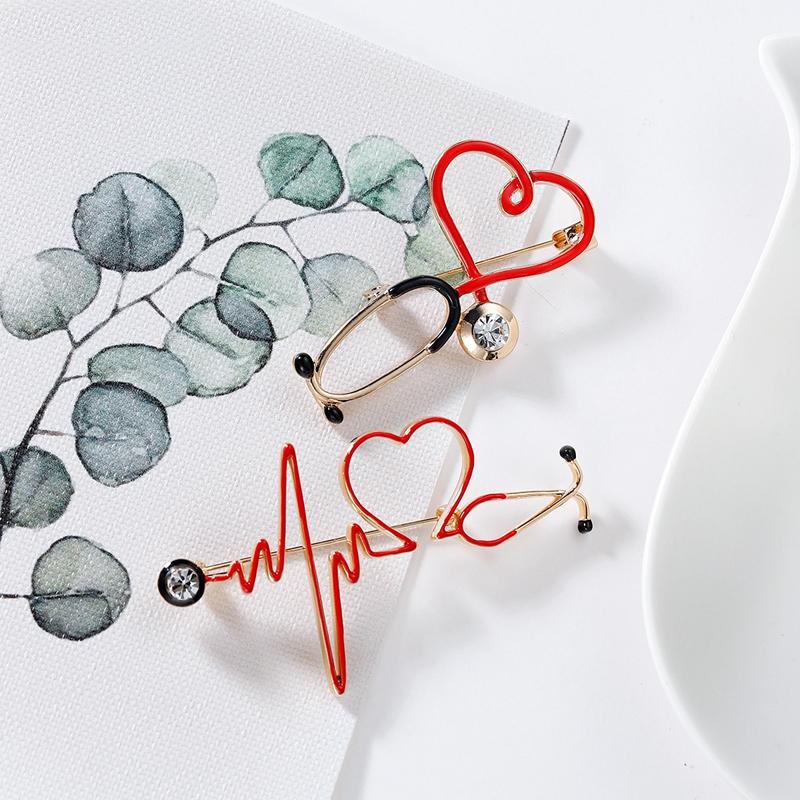 1PC Electrocardiogram Pin Nurse Stethoscope Doctor Heart Shaped Medical Jewelry Lapel Brooch Backpack