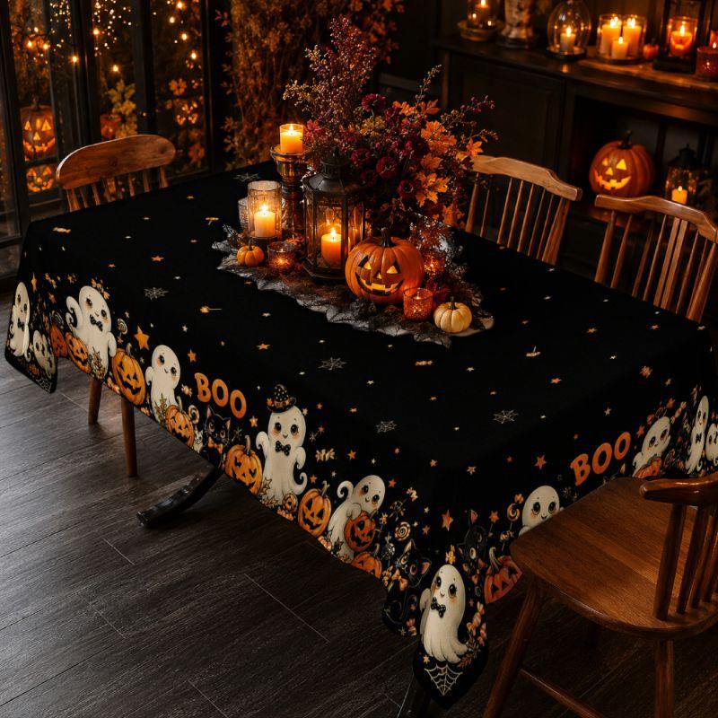 VIKAMA Halloween BOO Duch Dýně Stolní ubrus Roztomilý potisk s černou kočkou Sváteční dekorace stolu Dekorace halloweenské párty