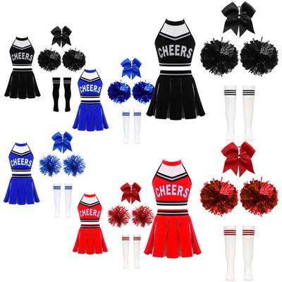 Kids Girls Cheer Leader Halloween Party Outfit Cheerleading Crop Top with Pleated Skirt Pom Pom Socks Headwear Set