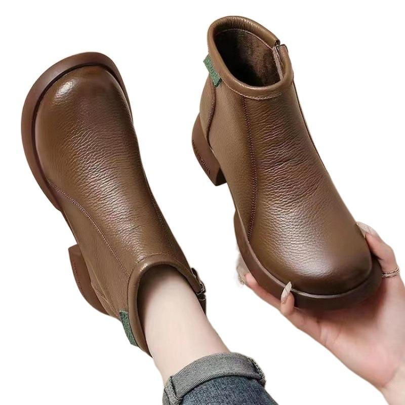 Autumn and Winter New Retro Handmade Women's Leather Boots Thick Heel Soft Sole First Layer Soft Leather Short Boots Literary and Simple Versatile Wo