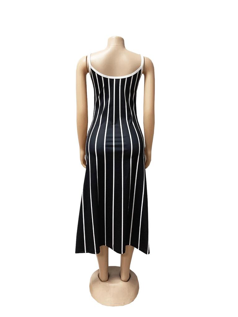 Retro Stripe Patchwork Backless Slip Dress - Color Block Sleeveless Long Slim Fit