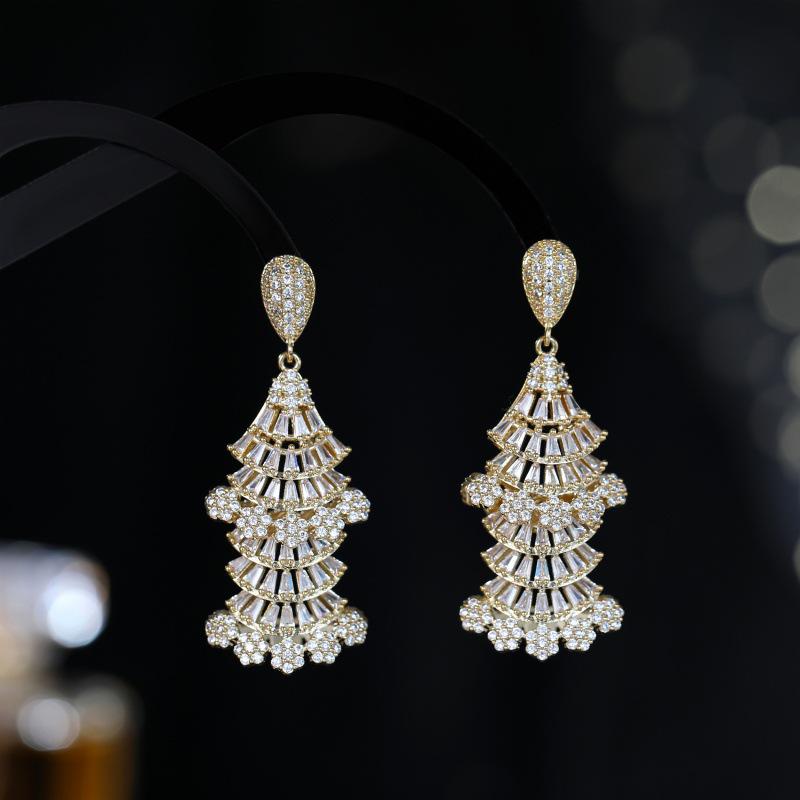 Elegant Long Zircon Inlaid Pagoda Earrings for Women - S925 Silver Needle Fashion Evening Dangles