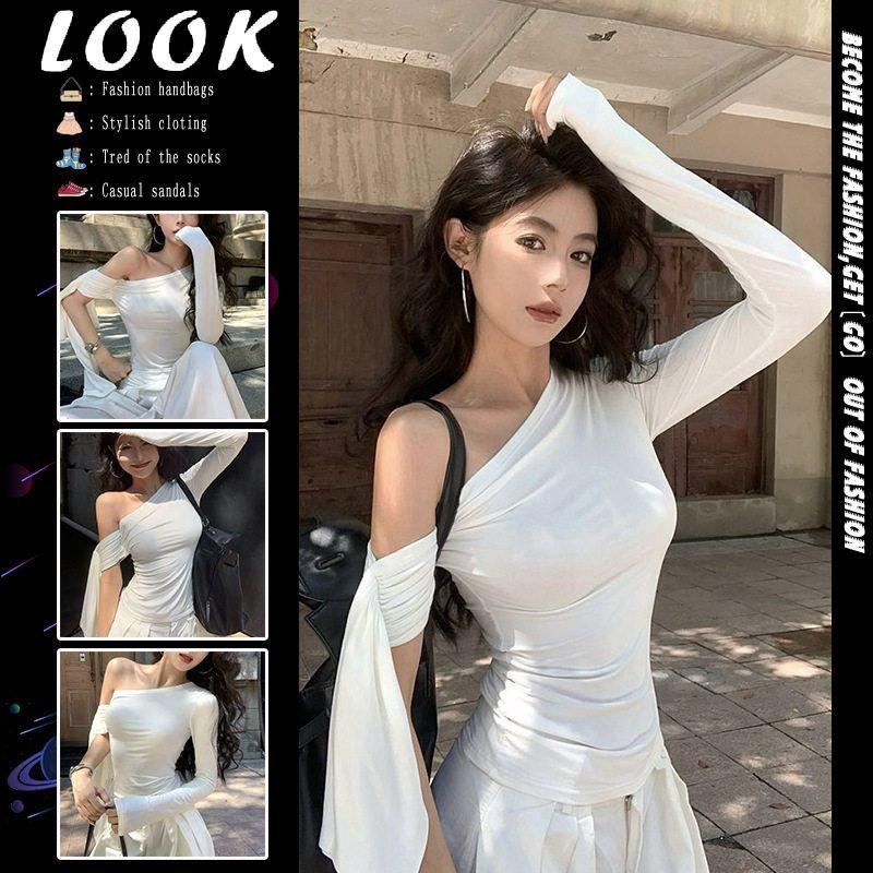 

Stunning Asymmetrical Shoulder Ribbon T-Shirt for Women, 2025 Spring/Summer, Irregular Slim-Fit, Flattering, Sexy Off-Shoulder Versatile Stylish Top White S [Excellent Quality]