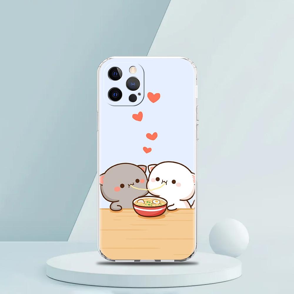 Cute Cartoon Cat Couple Luxury Phone Case For iPhone 16 15 14 13 12 11 Pro Max XS X XR SE 7 8 Plus soft Silicone Clear Cover