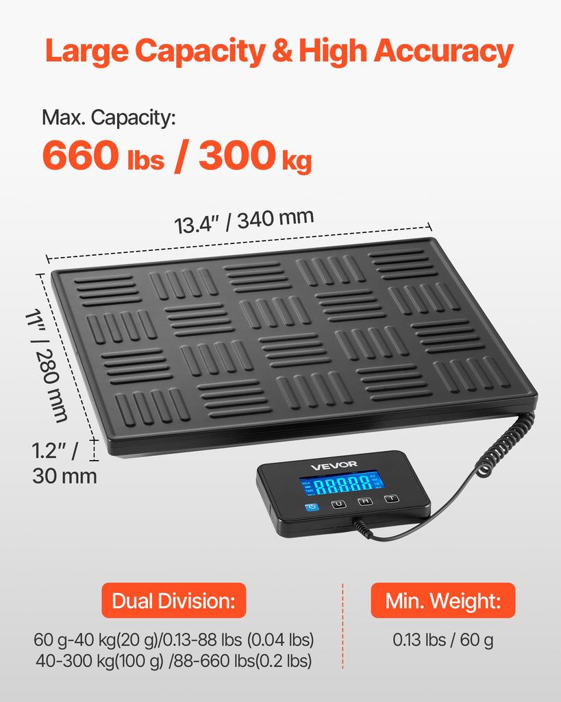 VEVOR Digital Postal Scale, 20 G/100 G Dual Accuracy, 300 Kg Commercial Weight Scale with Hold/Tare Function & LCD Display, Fit for Packages