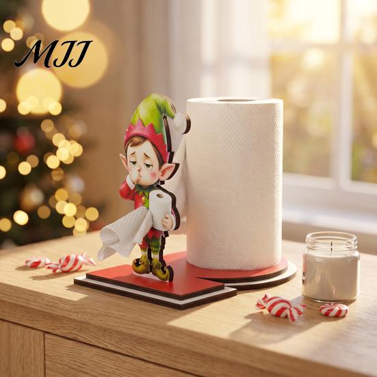 Festive Wood Paper Towel Stand Christmas Holder, Funny Snowman Elf Santa Claus Tissue Holiday Kitchen Countertop Decor Dispenser, Decorative