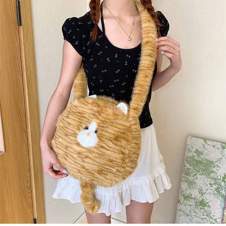 New female style girl soft cute fluffy large capacity shoulder bag cute plush cat messenger bag portable