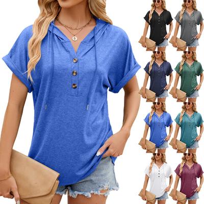Spring Summer Women's Solid Color Loose Short Sleeve Hooded Button T-shirt Top, Casual Fashion for Daily Wear