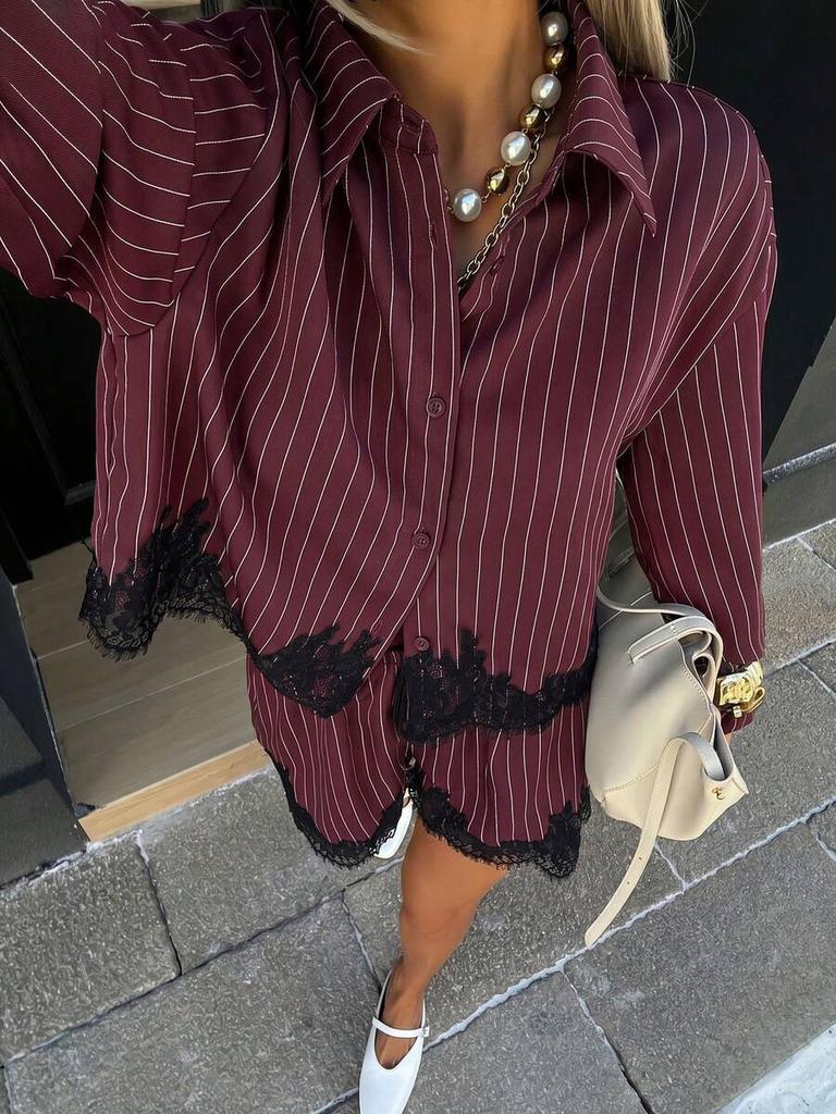 Women Lace Splicing Striped Long Sleeve Shirt And Drawstring Shorts Two Piece Set