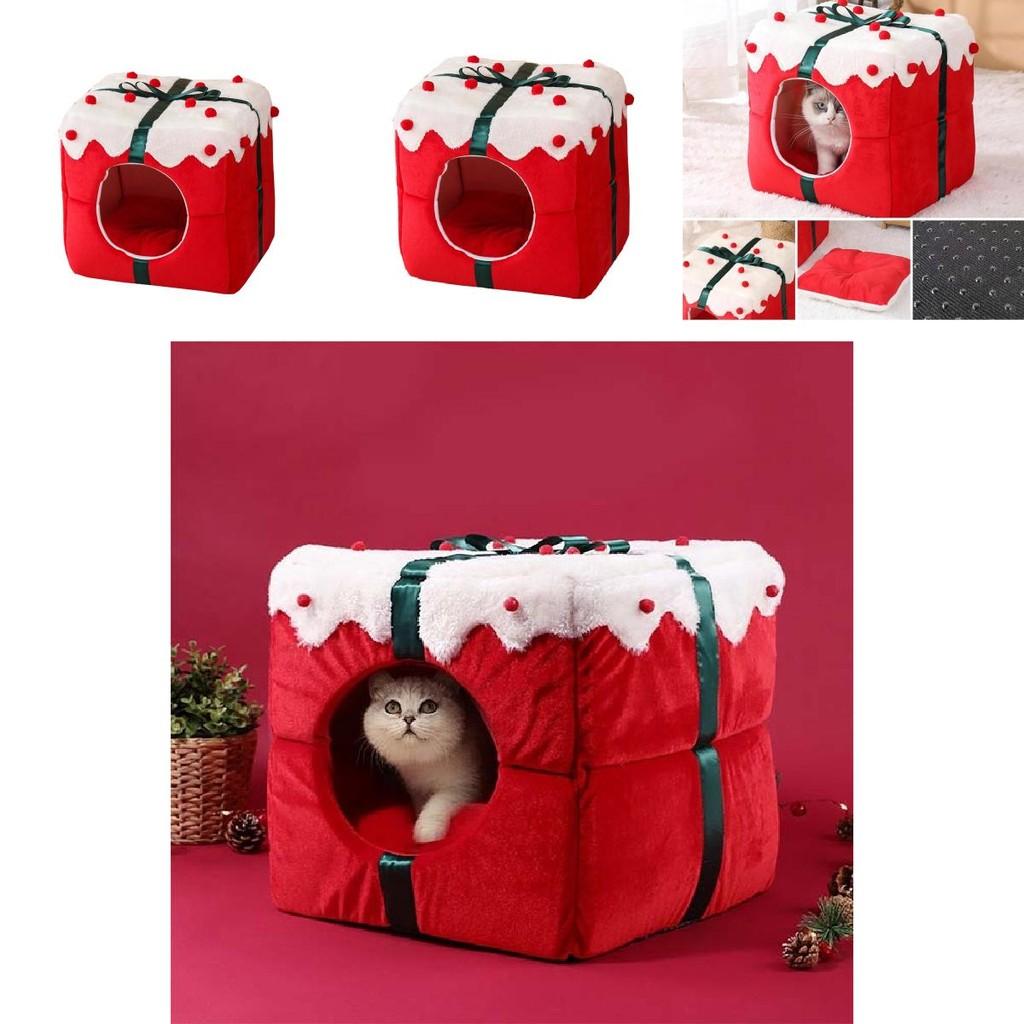 Plush Square Christmas Cat House Ideal For Winter Warmth And Comfort For Your Feline Friend