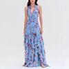 European and American French Women's Clothing Sweet Printed Long Dress Cake Dress Strap Multi-layer Dress Evening Dress