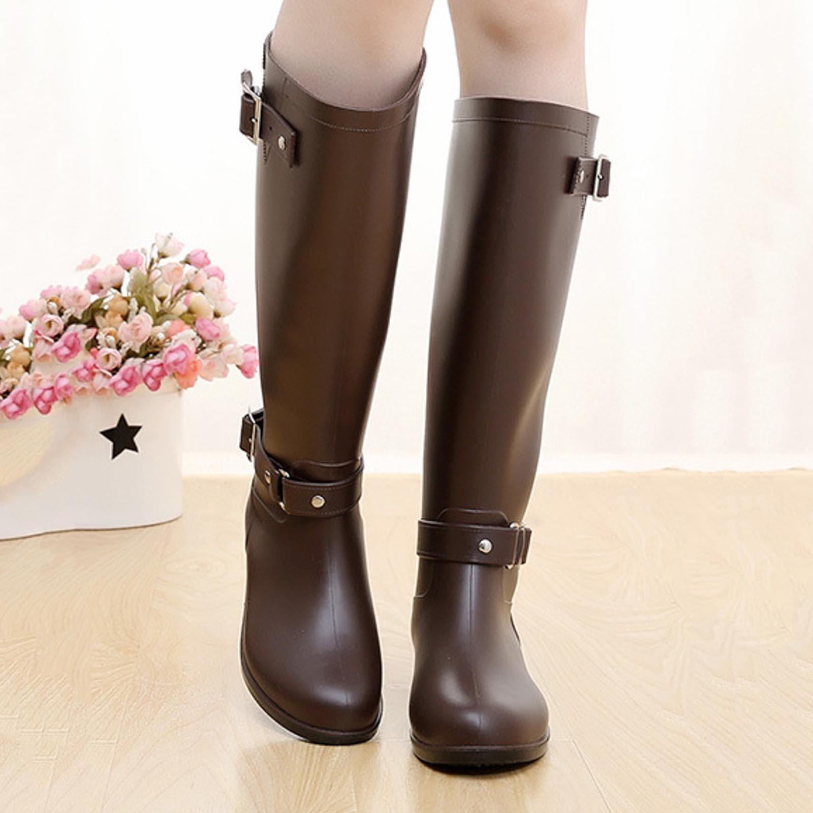 

Women S Wellies Rain Boots Women S Fashion Tall Solid Color Belt Zipper Hundred Snow Rain Shoes Zapatos De Mujer 36 коричневий