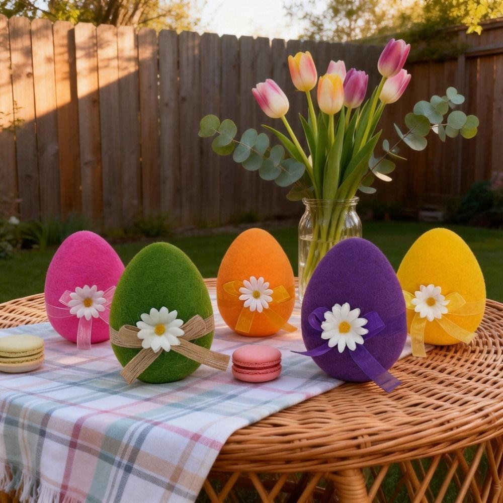 Colorful Large Plush Egg with Flower Bow Easter Egg Ornaments Flocked Easter Eggs  Easter Egg Hunt