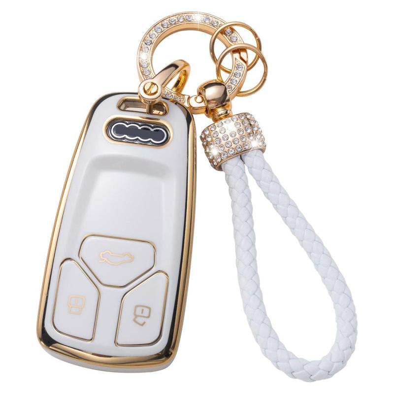 Gold-Rimmed Car Key Set with Diamond Ring Pendant Key Chain