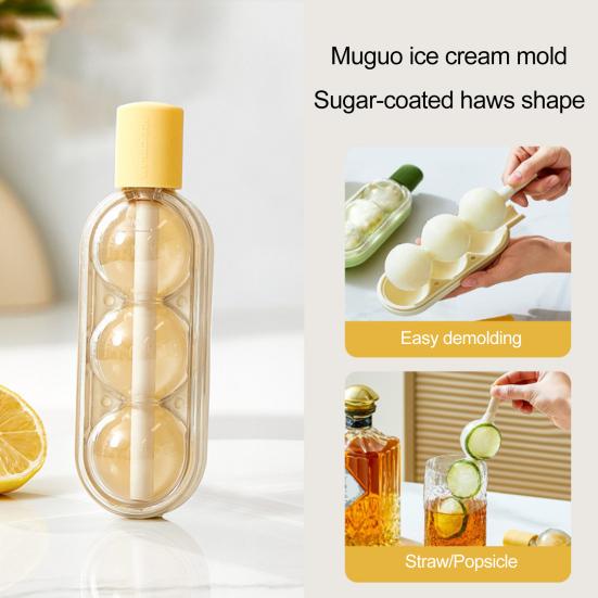 2Pcs 2-in-1 Silicone Popsicle Mold with Straw Quick Freezing Triple Balls Ice Ball Maker BPA-Free Summer Cool Water Drinks Bottle Ice Tray for Yogurt