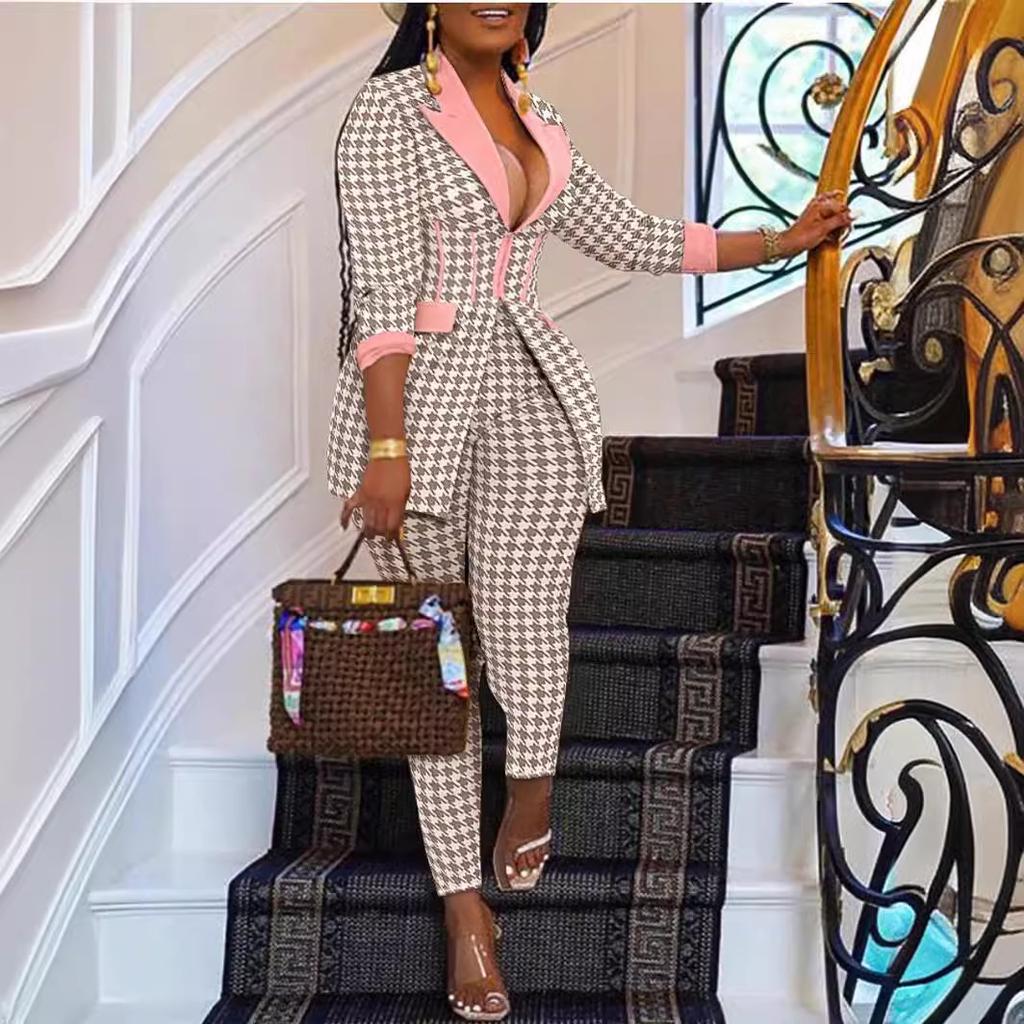 New Women's Notched Lapel Blazer and Pants Set, Slim Fit Office Two-Piece Suit for Women