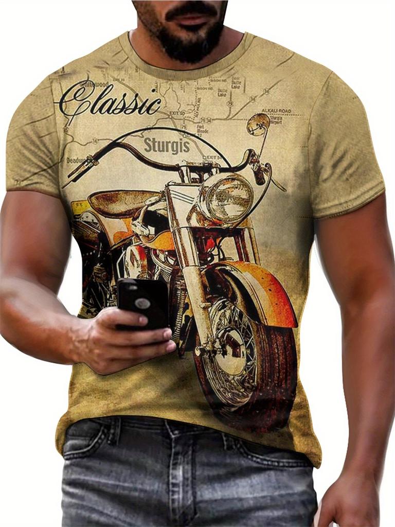 Men's Vintage Motorcycle Pattern-shirt-Casual Fashion Short Sleeve, Breathable Polyester Fiber, Washable, Round Neck-shirt, Classic Bike Printing,