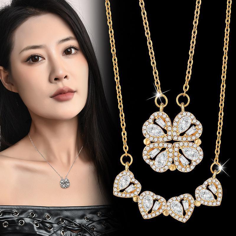 Collana Trifoglio a Quattro Foglie per Donna con Accenti in Zirconia Cubica Finitura Oro e Oro Rosa