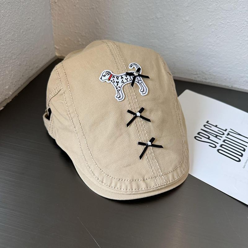 Retro With Beret Bow Decor And Cute Dogs Embroidered Design For Daily Use