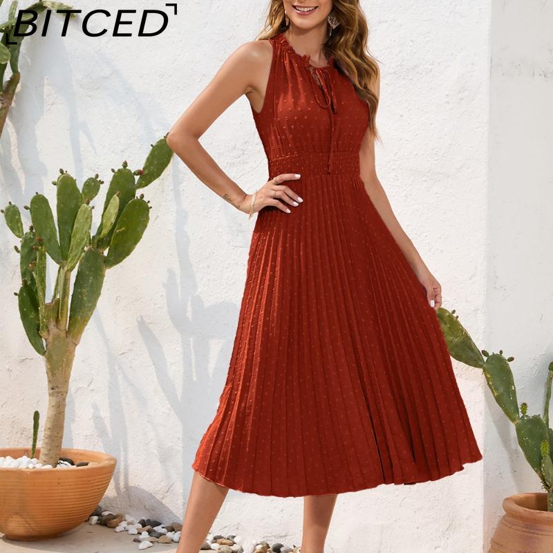 

BITCED High-Waisted Pleated Fringe Dress with Tie Detail Sleeveless Summer Dress Casual Vacation Travel Dress XXL