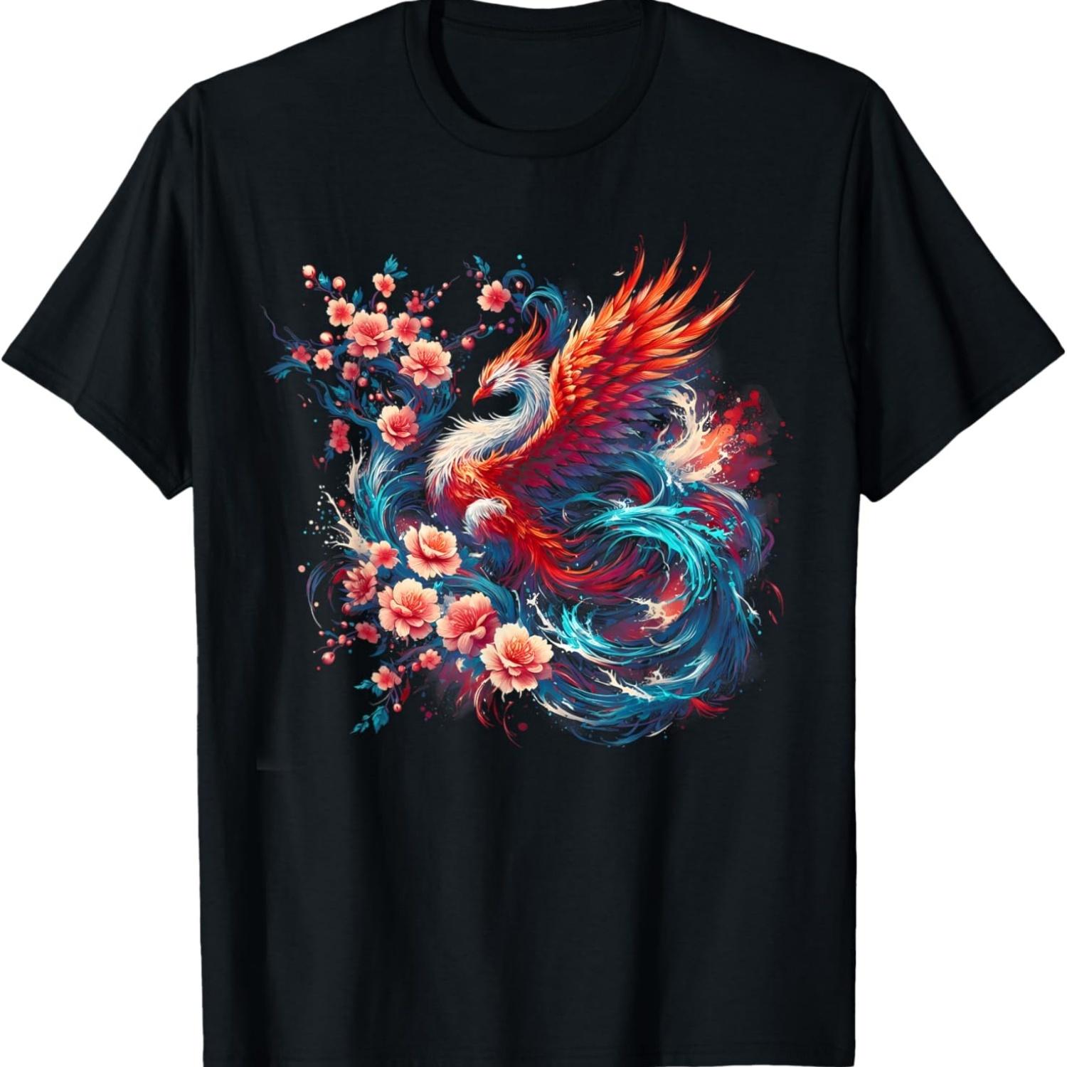 Phoenix and Cherry Blossom  Art Christmas T-Shirt S чёрный