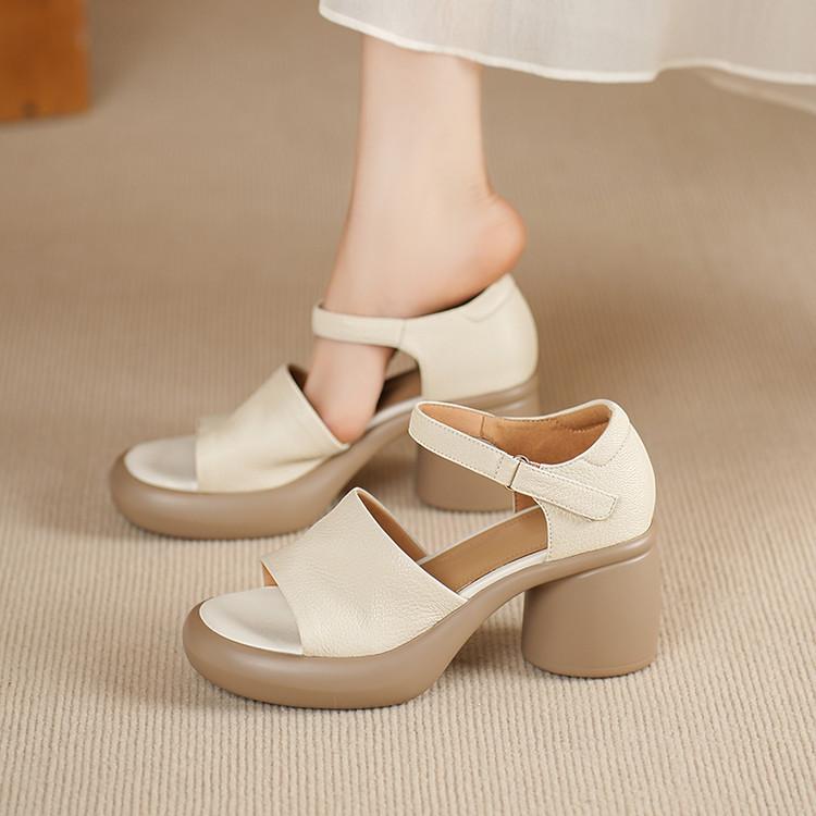 7Cm Retro Leather High-heeled Open-toed Sandals Women's Summer New Thick-heeled Thick-soled Leather One-word Buckle with Roman Sandals~