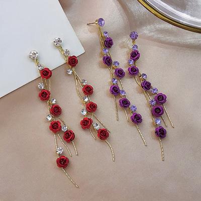 Yousheng 1 Pair Dangle Earrings Sparkling Rhinestone Elegant Romantic Hypoallergenic Long Rose Flower Tassels Stud Earrings Fashion Jewelry