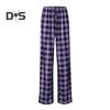 Women Pants High Elastic Waist Drawstring Wide Leg Loose Contrast Color Plaid Print Casual Soft Breathable Pockets Full Length Lady Long Trousers