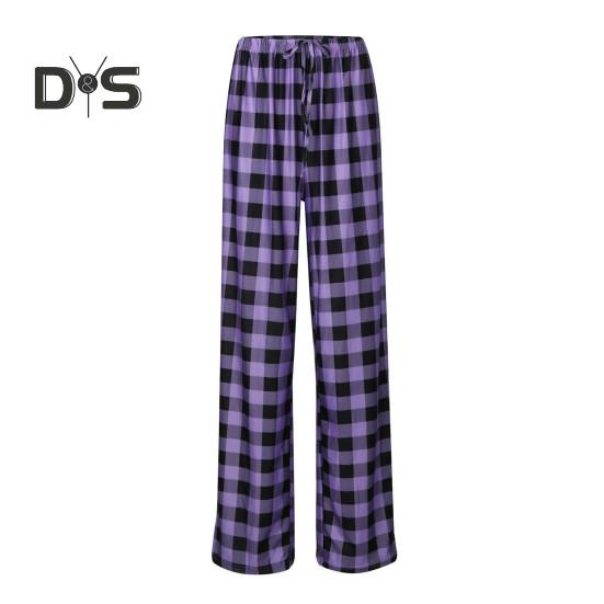 Women Pants High Elastic Waist Drawstring Wide Leg Loose Contrast Color Plaid Print Casual Soft Breathable Pockets Full Length Lady Long Trousers