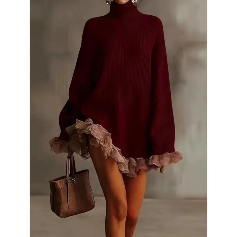 Autumn Winter Turtleneck Simple Sweater Dress Women Casual Patchwork Mini Dress Long Petal Sleeve Sweet Ladies Dress