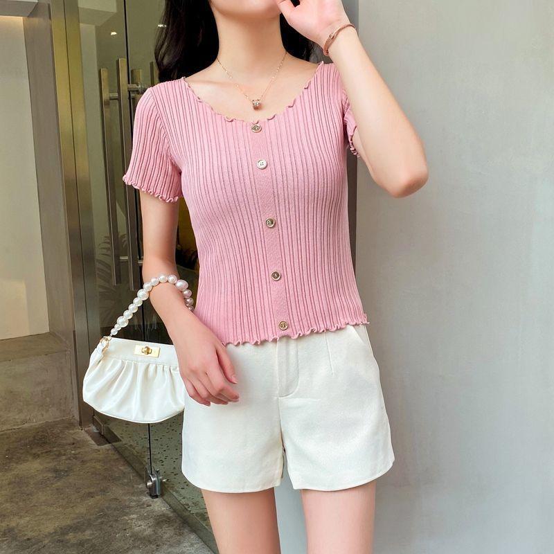 Summer Women Fashion Slim Short Sleeve T-shirt Knitted Elastic Short Tops