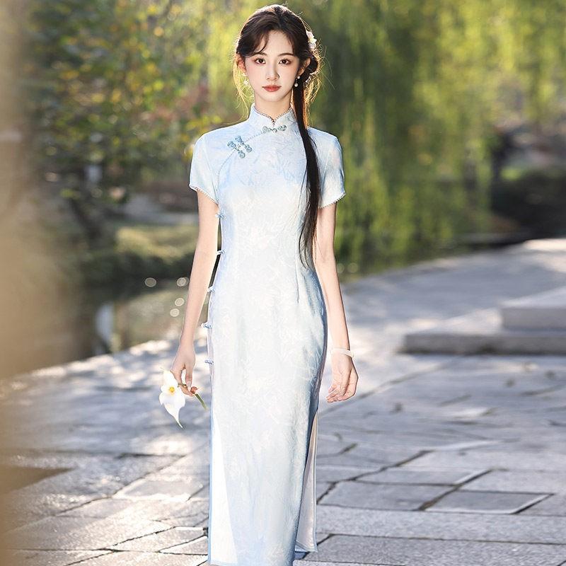 Elegant Blue Modern Chinese-Inspired Long Cheongsam Dress Women 2026 Vintage Fit With Lace Trim