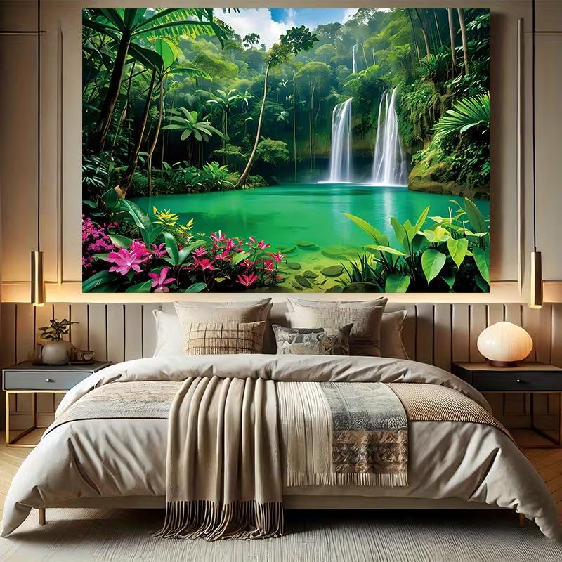 2D Turquoise Pool Waterfall Tapestry Lush Rainforest Photography Background