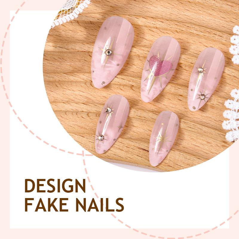 24Pcs White French Smudge Almond Press On Nails Y2K Gold Star Pink Heart Glossy False Nails