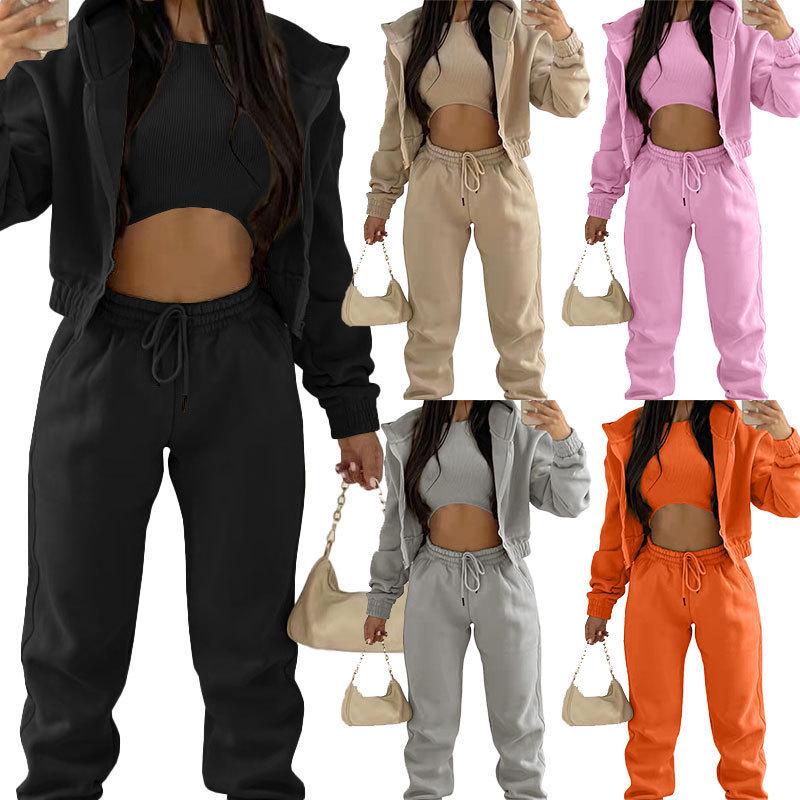 Women's Solid Color Three-Piece Set: Hooded Sweatshirt & Long Pants - Casual, Elegant Commute.