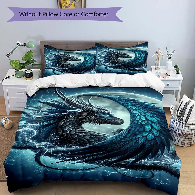 

3pcs Blue Electric Dragon Print Bedding Set (Without Inserts), Suitable for Use in Bedrooms and Guest Rooms.J007 135x200cm