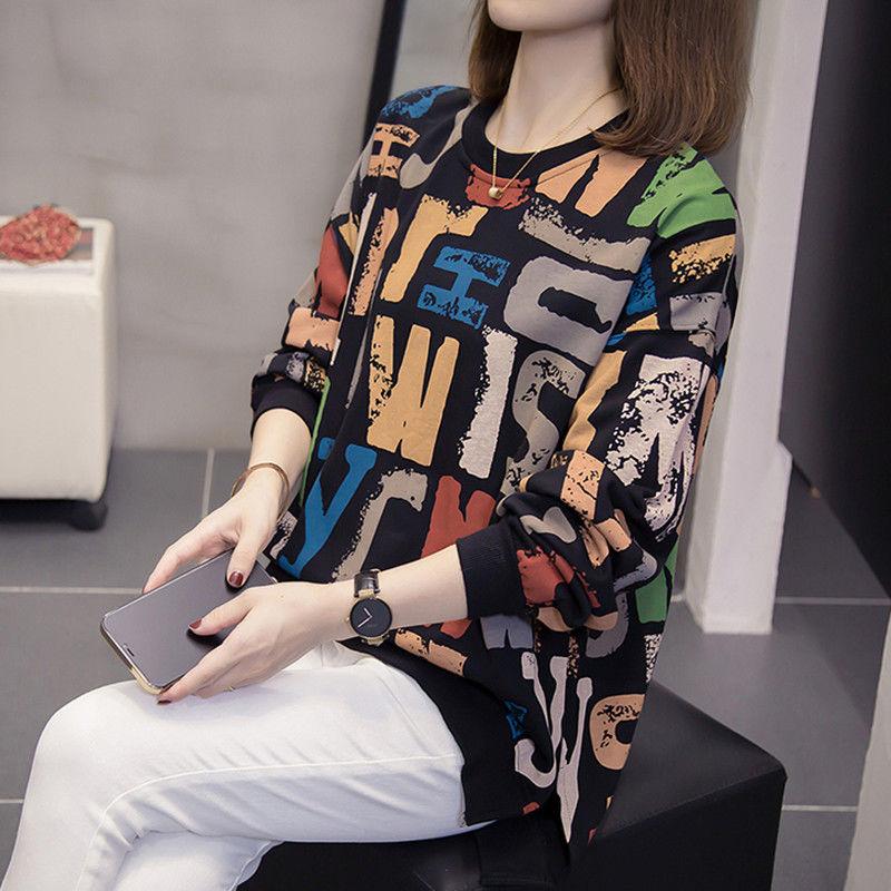 

Letter Printing Women s Pullover Lantern Long Sleeve Contrast Color T-shirt Loose Casual Spring Autumn Fashionable Korean Tops XXXXL чорний