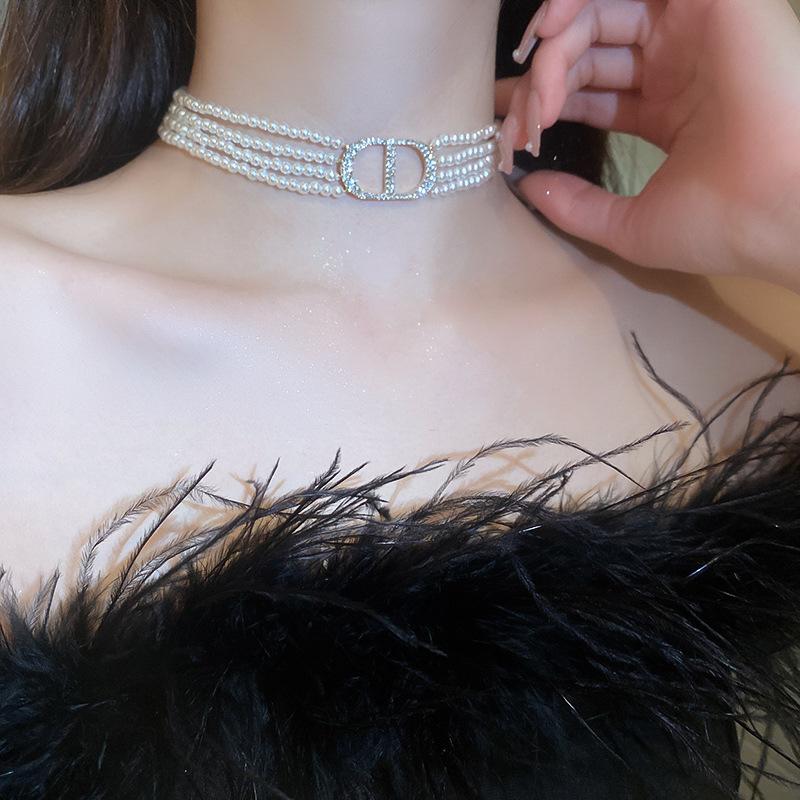 French Long Stacked Colored Pearl Necklace, Simple Temperament Collarbone Chain, Retro Necklace for Women