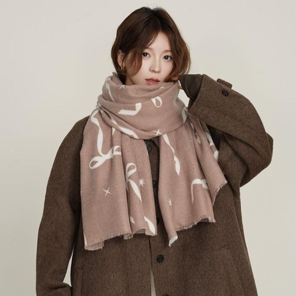 Printed Bow Wool Scarf Thicken Women Cashmere Shawl Temperament Winter Cashmere Scarves Female