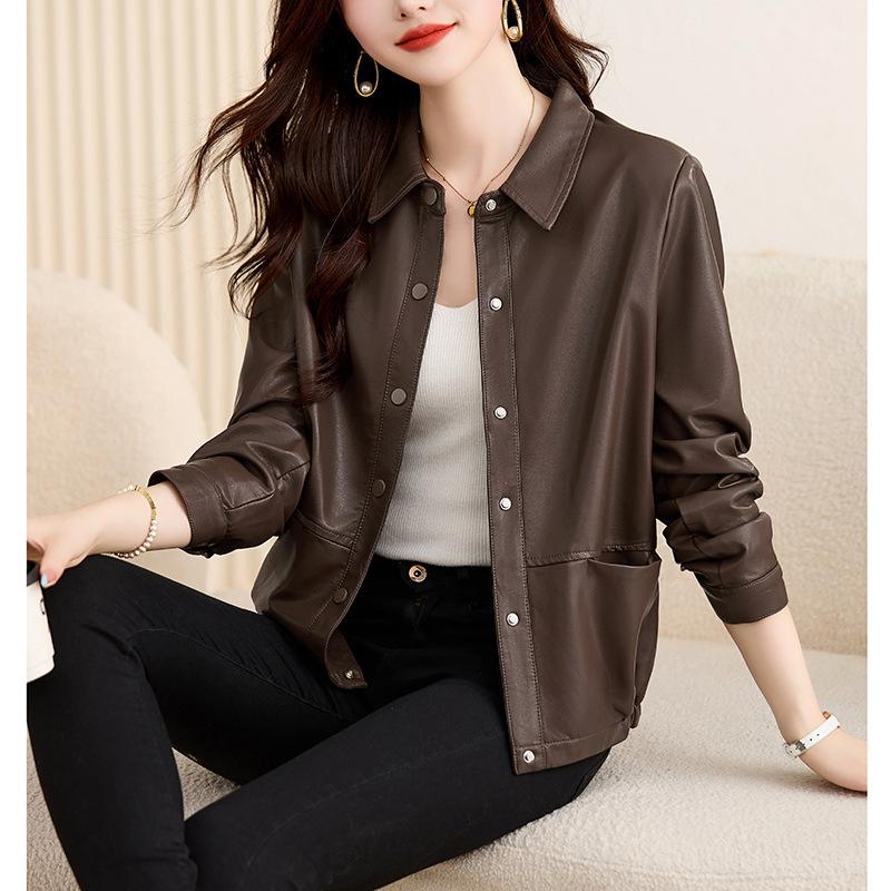 Hua Ge Di Qing genuine leather jacket for women short spring and autumn sheepskin motorcycle lapel leather jacket for women